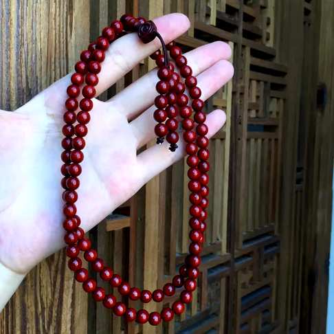 好鲜嫩的珠子,印度小叶紫檀佛珠手链108颗6mm鸡血红高密近乎无棕