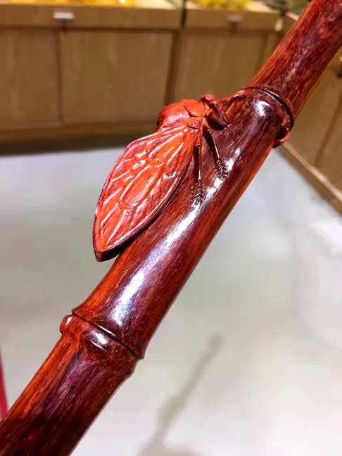 印度小叶紫檀手杖也叫寿杖/权杖火焰纹老料整木雕刻无拼接重358g