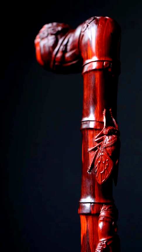 知足手杖,小叶紫檀整料雕刻手柄长9.8cm厚5cm全长90.5cm重1.86斤|