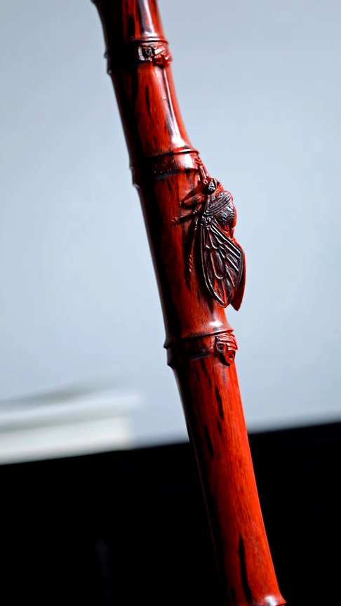 小叶紫檀【知足】手杖,纯手工雕刻,蝉伏竹节之上,寓意美好知足常