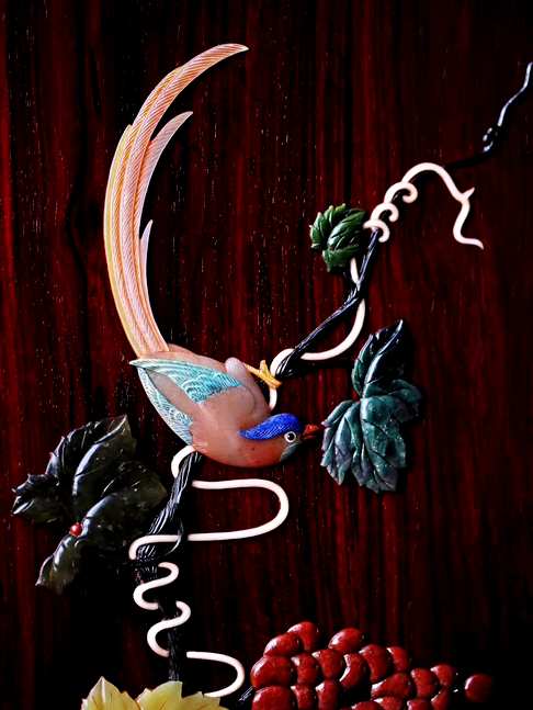 小叶紫檀老料『多福多寿』,百宝构图,叶茂果硕,绶带鸟活泼轻灵,丰