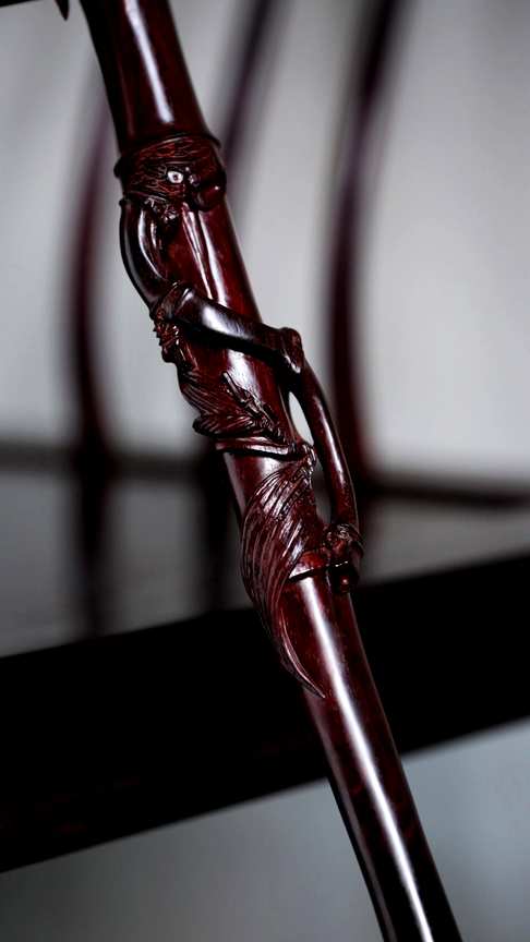 小叶紫檀【知足】寿杖,手工雕刻,蝉伏于竹节之上 知足常乐,寓意