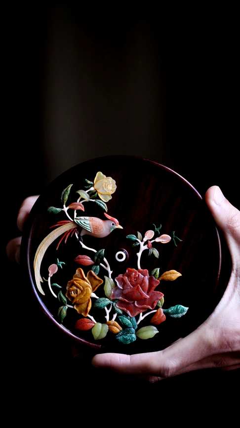 小叶紫檀『富贵长寿』圆提篮,多种传统工艺匠心打造,取丝竹之雅韵