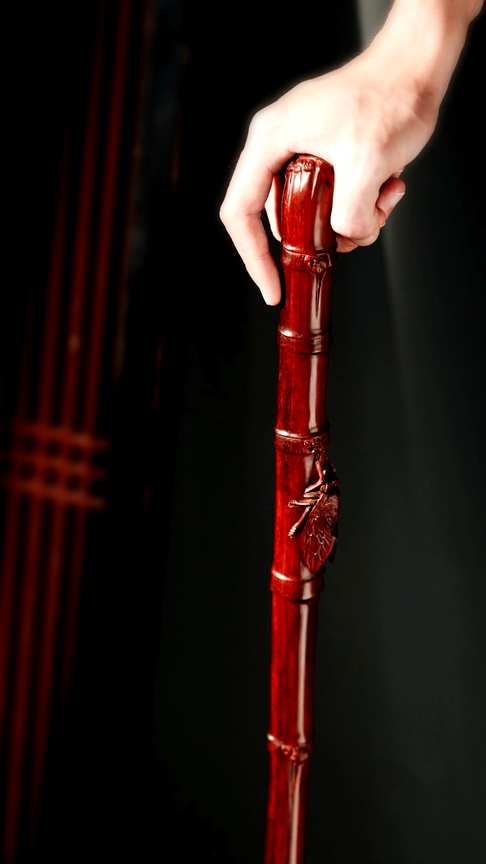 小叶紫檀【知足】手杖纯手工雕刻,蝉伏竹节之上,寓意美好,-知足常