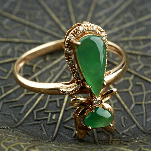 金镶钻冰种满绿翡翠猫戒指-翡翠-冰种-B150816E19017