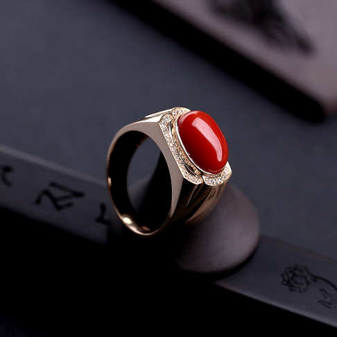 金镶钻阿卡正红珊瑚戒指--红珊瑚-阿卡-B100217F09004