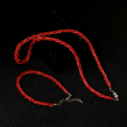 沙丁朱红珊瑚三股链两件套装--红珊瑚-沙丁-B101517B08005