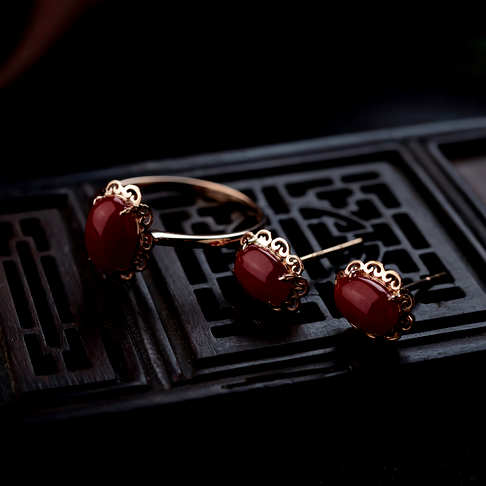 阿卡牛血红珊瑚戒指/耳钉套装--红珊瑚-阿卡-B106819C15001