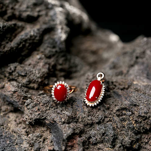阿卡牛血红珊瑚戒指/吊坠套装(两件)--红珊瑚-阿卡-B107718A26001