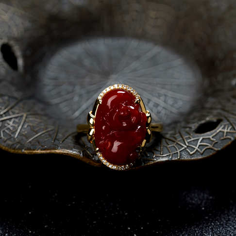 阿卡牛血红珊瑚弥勒佛戒指--红珊瑚-阿卡-B10DX19G11002