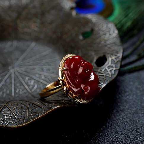 阿卡牛血红珊瑚弥勒佛戒指--红珊瑚-阿卡-B10DX19G11002