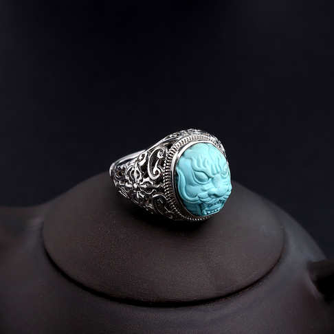 银镶高瓷蓝绿松石龙头戒指--绿松石-B22A917E25002