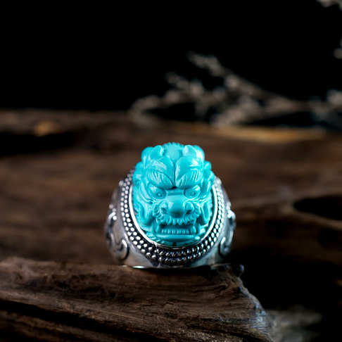 银镶高瓷蓝绿松石龙头戒指--绿松石-F22J518E07002