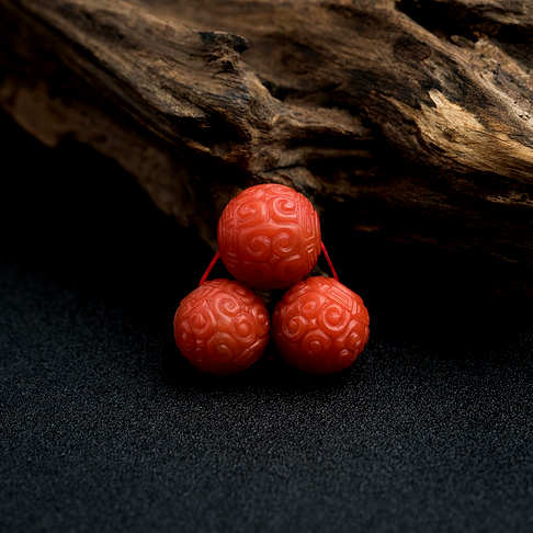 柿子红南红回文珠（三件）-南红玛瑙-保山南红-B025617C07015