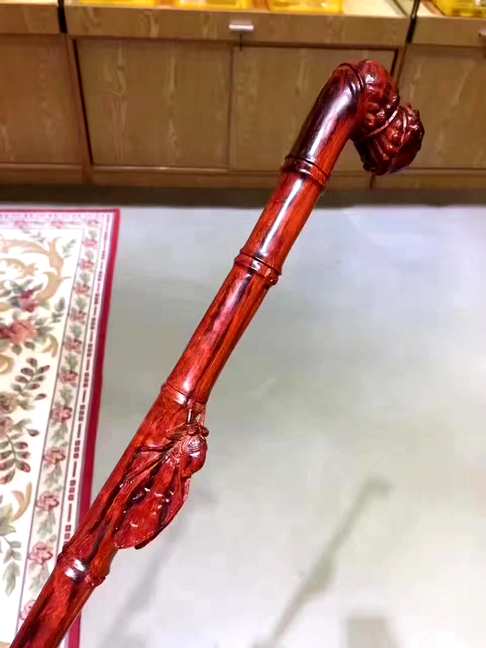 小叶紫檀手杖也叫寿杖/权杖火焰纹老料整木雕刻无拼