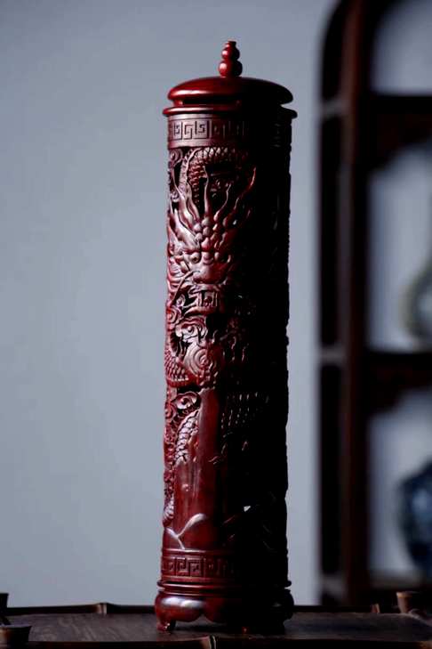 小叶紫檀祥龙香筒纯手工雕刻8.8×38.8cm