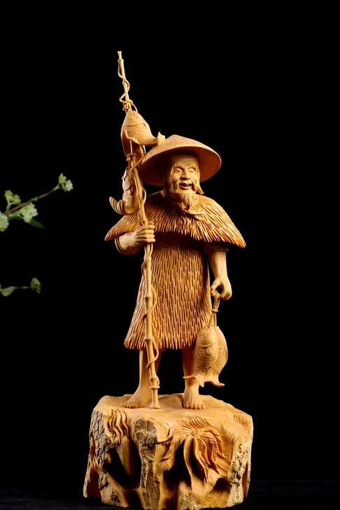 蓑衣渔翁13X12X37厘米小叶黄杨木整料雕刻所有无任何拼接包括渔线